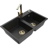 Mexen Tomas 2-Becken-Granitspüle mit Mischbatterie Rita, Schwarz/Silbermetallic - 6516-73-670300-50