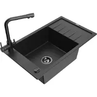 Mexen Elias 1 Becken-Granitspüle mit Abtropffläche und Mischbatterie Duero, Schwarz/Silbermetallic - 6511-73-671600-70-B