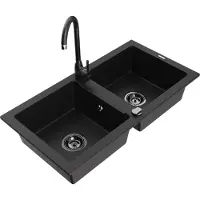 Mexen Mario 2-Becken-Granitspüle mit Mischbatterie Telma, Schwarz - 6504-77-670200-70-B