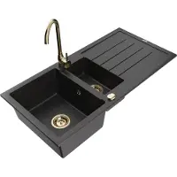 Mexen Andres 1,5-Becken-Granitspüle mit Abtropffläche und Mischbatterie Telma, Schwarz/Silber - 6515-73-670200-50
