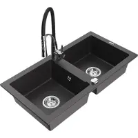 Mexen Mario 2-Becken-Granitspüle mit Mischbatterie Aster, Schwarz gesprenkelt - 6504-76-73450-07