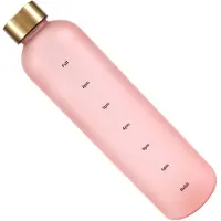 Jojomino Kunststoff-Weltraumbecher, große Kapazität, transparent, gefrostet, Wasserflasche mit Kupferdeckel und Zeitmarkierung, 1000 ml, Pink