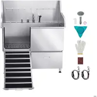 OEM Rostfreier Waschbecken für Haustiere, 127 cm Waschstation mit Aufsatz, Wasserhahn, Duschkopf und Seifenbecher für kleine, mittelgroße und große Haustiere (linker Tür)