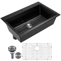 OEM 84 cm Küchenarbeitsplatz, Granit-Spülbecken für Aufbau oben, inbauendes Spülbecken mit einem Becken und Zubehör, ideal für Camperküchen, Zubereitungsküchen und Bar (schwarz)
