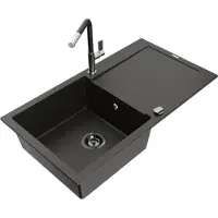 Mexen Leo 1 Becken-Granitspüle mit Abtropffläche und Mischbatterie Flora, Schwarz/Gold metallisch - 6501-75-670401-07-B