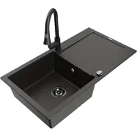 Mexen Leo 1 Becken-Granitspüle mit Abtropffläche und Mischbatterie Elia, Schwarz/Gold metallisch - 6501-75-670101-70-B