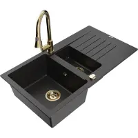 Mexen Matias 1,5-Becken-Granitspüle mit Abtropffläche und Mischbatterie Elia, Schwarz/Silbermetallic - 6502-73-670101-50