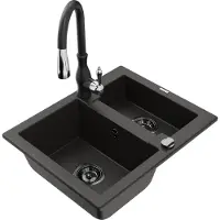 Mexen Carlos 1,5-Becken-Granitspüle mit Mischbatterie Savita, Schwarz/Gold metallisch - 6518-75-672601-70-B