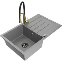 Mexen Bruno 1 Becken-Granitspüle mit Abtropffläche und Mischbatterie Aster, Grau - 6513-71-73450-57-B