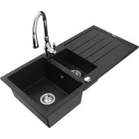 Mexen Andres 1,5-Becken-Granitspüle mit Abtropffläche und Mischbatterie Savita, Schwarz - 6515-77-672601-00