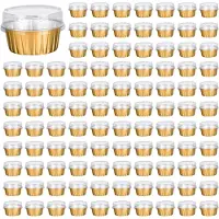 Jojomino Dessertbecher mit Deckel, 250er-Packung Backhalter aus goldfarbener Aluminiumfolie, Cupcake Bake Utility Ramekin Clear Pudding