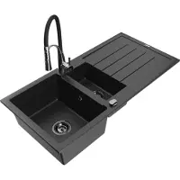 Mexen Andres 1,5-Becken-Granitspüle mit Abtropffläche und Mischbatterie Aster, Schwarz/Silber - 6515-73-73450-07-B