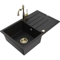 Mexen Bruno 1 Becken-Granitspüle mit Abtropffläche und Mischbatterie Carla, Schwarz - 6513-77-670700-50