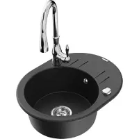 Mexen Kevin 1 Becken-Granitspüle mit Abtropffläche und Mischbatterie Savita, Schwarz/Silbermetallic - 6517-73-672601-00