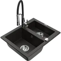 Mexen Carlos 1-Becken-Granit-Spüle mit Mischbatterie Aster, Schwarz/Gold metallisch - 6518-75-73450-07