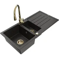 Mexen Andres 1,5-Becken-Granitspüle mit Abtropffläche und Mischbatterie Savita, Schwarz/Gold metallisch- 6515-75-672601-50