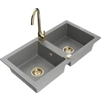 Mexen Mario 2-Becken-Granitspüle mit Mischbatterie Telma, Grau - 6504-71-670200-50