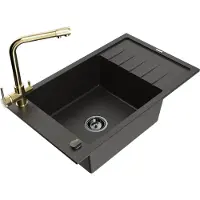 Mexen Elias 1 Becken-Granitspüle mit Abtropffläche und Mischbatterie Duero, Schwarz/Gold metallisch - 6511-75-671600-50-B