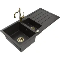 Mexen Andres 1,5-Becken-Granitspüle mit Abtropffläche und Mischbatterie Carla, Schwarz/Gold metallisch - 6515-75-670700-50
