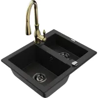 Mexen Carlos 1,5-Becken-Granitspüle mit Mischbatterie Savita, Schwarz - 6518-77-672601-50-B