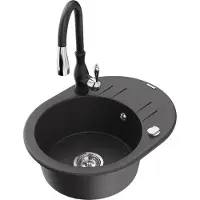 Mexen Kevin 1 Becken-Granitspüle mit Abtropffläche und Mischbatterie Savita, Schwarz gesprenkelt - 6517-76-672601-70