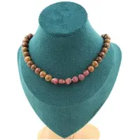 Bijoux Steine und Mineralien. Halskette aus Rubisperlen aus Brasilien + Holz 8 mm. Stahlkette Halskette für Frauen, Männer. Verstellbare Größe.