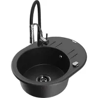 Mexen Kevin 1 Becken-Granitspüle mit Abtropffläche und Mischbatterie Aster, Schwarz/Silbermetallic - 6517-73-73450-07-B