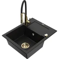 Mexen Enzo 1 Becken-Granitspüle mit Abtropffläche und Mischbatterie Aster, Schwarz - 6506-77-73450-57-G