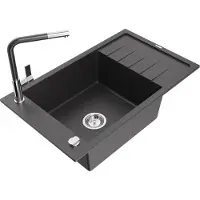Mexen Elias 1 Becken-Granitspüle mit Abtropffläche und Mischbatterie Flora, Schwarz gesprenkelt - 6511-76-670401-08