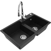 Mexen Tomas 2-Becken-Granitspüle mit Mischbatterie Savita, Schwarz - 6516-77-672601-00