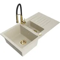Mexen Matias 1,5-Becken-Granitspüle mit Abtropffläche und Mischbatterie Aster, Beige - 6502-69-73450-57-G