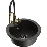 Mexen Diego 1-Becken-Granit-Spüle mit Mischbatterie Aster, Schwarz/Gold metallisch - 6512-75-73450-57-B