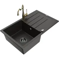 Mexen Bruno 1 Becken-Granitspüle mit Abtropffläche und Mischbatterie Carla, Schwarz/Gold metallisch - 6513-75-670700-50-B