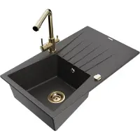 Mexen Cesar 1 Becken-Granitspüle mit Abtropffläche und Mischbatterie Duero, Schwarz gesprenkelt - 6514-76-671600-50