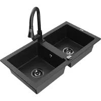 Mexen Mario 2-Becken-Granitspüle mit Mischbatterie Elia, Schwarz/Silbermetallic - 6504-73-670101-70-B