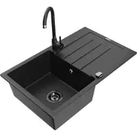 Mexen Bruno 1 Becken-Granitspüle mit Abtropffläche und Mischbatterie Telma, Schwarz/Silber - 6513-73-670200-70-B