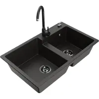 Mexen Tomas 2-Becken-Granitspüle mit Mischbatterie Telma, Schwarz/Gold metallisch - 6516-75-670200-70-B