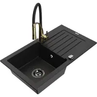 Mexen Pablo 1 Becken-Granitspüle mit Abtropffläche und Mischbatterie Aster, Schwarz - 6510-77-73450-57-B
