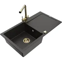 Mexen Leo 1 Becken-Granitspüle mit Abtropffläche und Mischbatterie Duero, Schwarz/Gold metallisch - 6501-75-671600-50-B