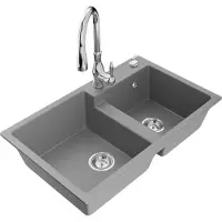 Mexen Tomas 2-Becken-Granitspüle mit Mischbatterie Savita, Grau - 6516-71-672601-00