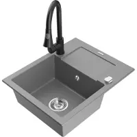 Mexen Enzo 1 Becken-Granitspüle mit Abtropffläche und Mischbatterie Elia, Grau - 6506-71-670101-70
