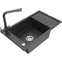 Mexen Elias 1 Becken-Granitspüle mit Abtropffläche und Mischbatterie Duero, Schwarz gesprenkelt - 6511-76-671600-76