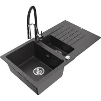 Mexen Matias 1,5-Becken-Granitspüle mit Abtropffläche und Mischbatterie Aster, Schwarz gesprenkelt - 6502-76-73450-07