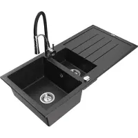 Mexen Andres 1,5-Becken-Granitspüle mit Abtropffläche und Mischbatterie Aster, Schwarz/Silbermetallic - 6515-73-73450-07