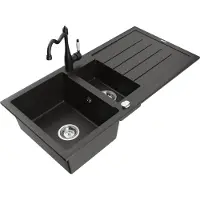 Mexen Andres 1,5-Becken-Granitspüle mit Abtropffläche und Mischbatterie Carla, Schwarz/Gold - 6515-75-670700-70