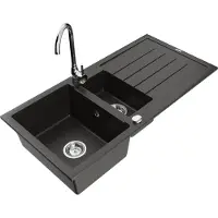 Mexen Andres 1,5-Becken-Granitspüle mit Abtropffläche und Mischbatterie Telma, Schwarz/Gold - 6515-75-670200-00