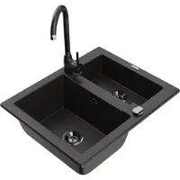 Mexen Carlos 1,5-Becken-Granitspüle mit Mischbatterie Telma, Schwarz/Gold metallisch - 6518-75-670200-70-B