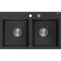 Mexen Hektor Granitspüle 2-Kammer 800 x 480 mm, Schwarz/Silber Metallic, Siphon Chrom - 6521802000-73