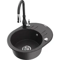 Mexen Kevin 1 Becken-Granitspüle mit Abtropffläche und Mischbatterie Savita, Schwarz gesprenkelt - 6517-76-672601-76