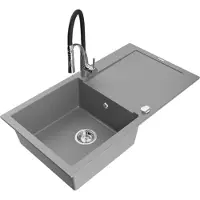 Mexen Leo 1 Becken-Granitspüle mit Abtropffläche und Mischbatterie Aster, Grau - 6501-71-73450-07